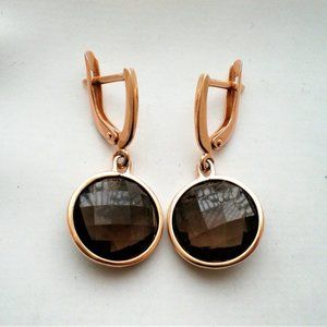 Russian Russia 14K 585 Rose Pink Gold Faceted Smokey Topaz Dangle Drop Earrings